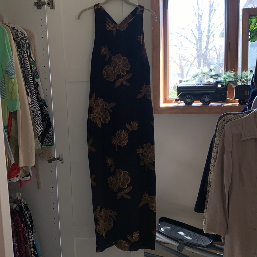 Black dress with gold and brown flowers